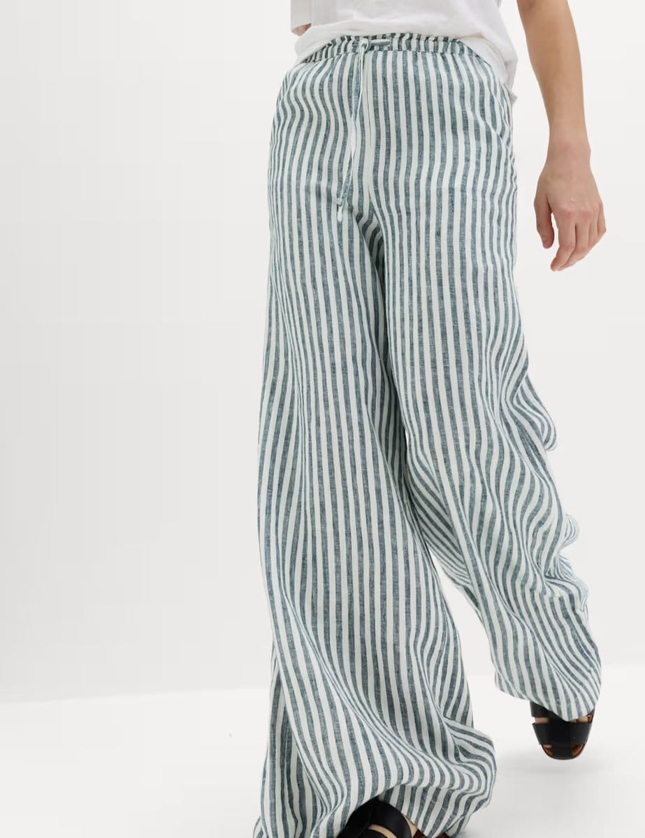 Marks & Spencer M&S Pure Linen Wide Leg Palazzo Trousers Black Mix - 4