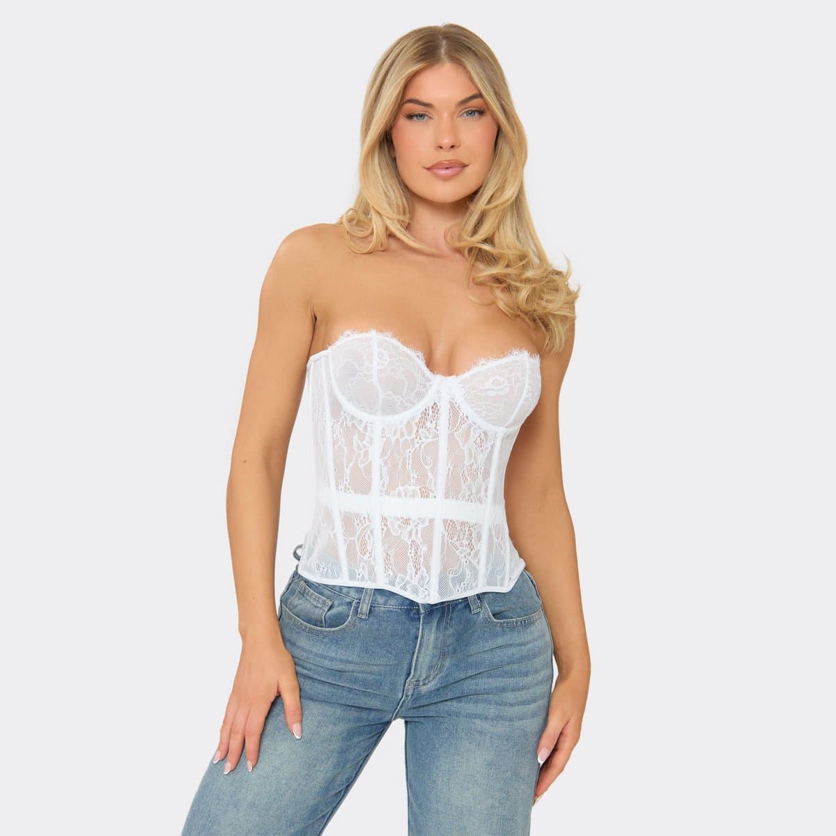 EGO Bandeau Structured Tie Back Detail Corset Top In White Lace, Women's Size UK 6