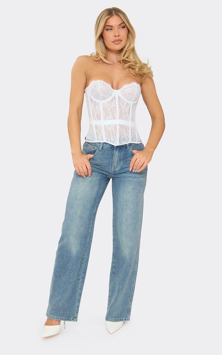 EGO Bandeau Structured Tie Back Detail Corset Top In White Lace, Women's Size UK 6 - 2