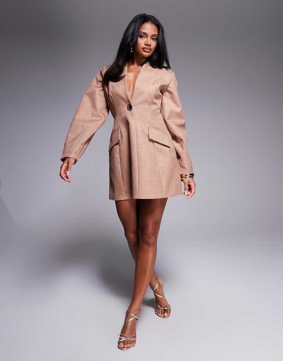 ASOS ASOS LUXE structured linen sculpted blazer dress in camel - 4