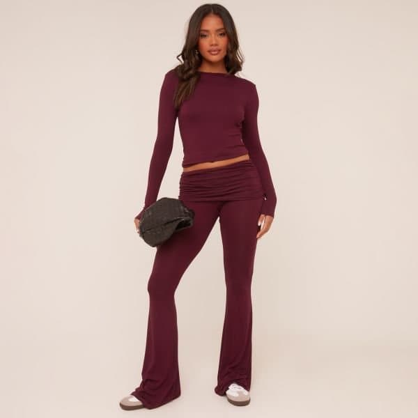 EGO Fold Over Waistband Detail Flared Trousers In Burgundy, Women's Size UK 4