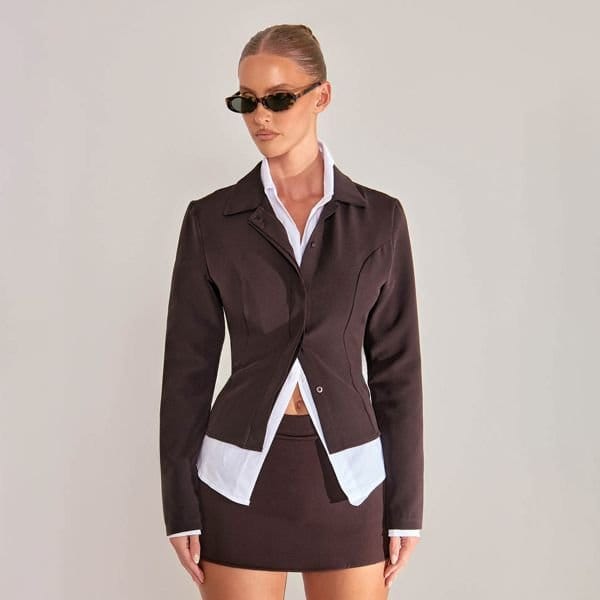 EGO Long Sleeve Button Front Collard Blazer In Brown, Women's Size UK 6 - 1