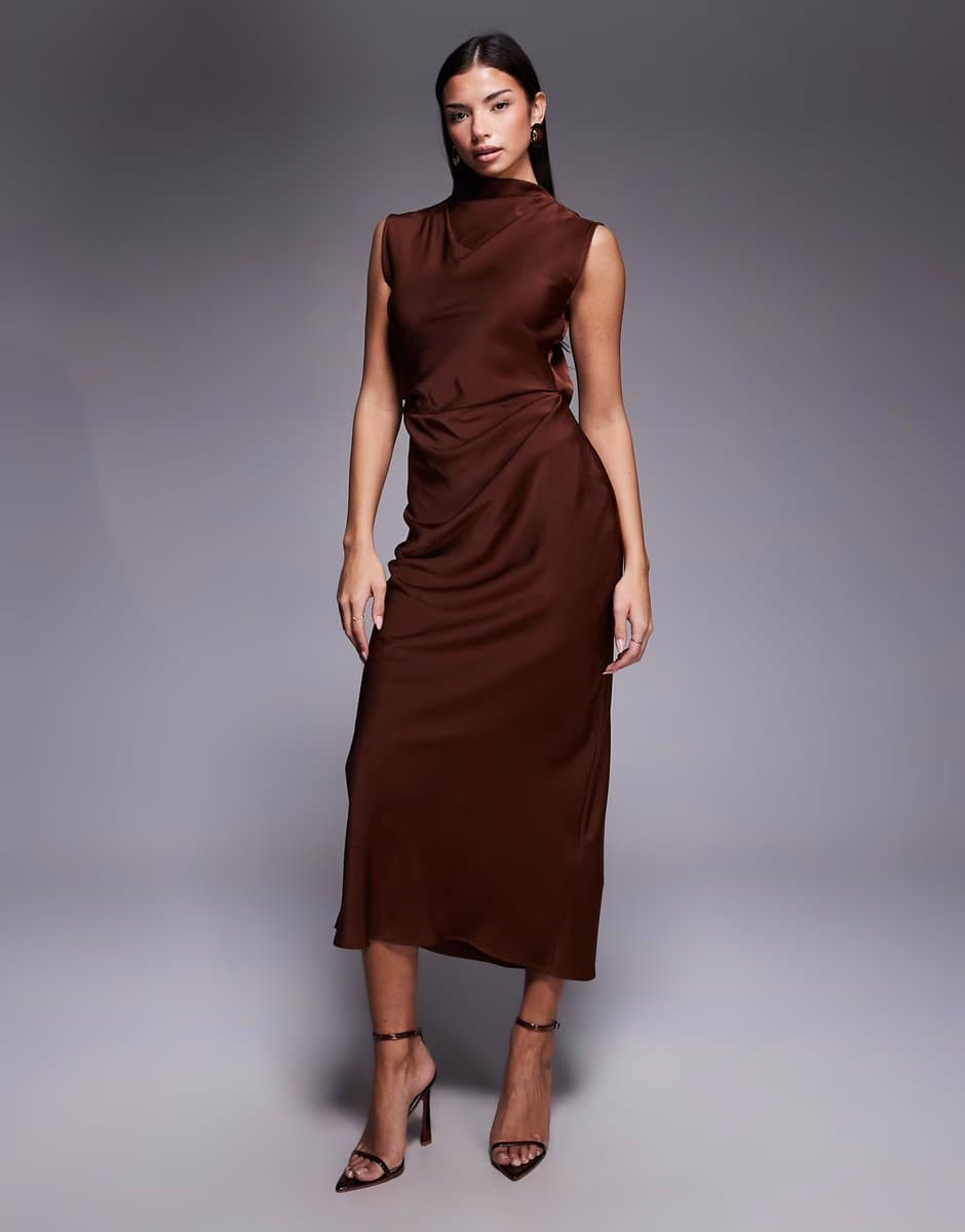 ASOS ASOS DESIGN satin high neck pleated bodice midi dress in light brown