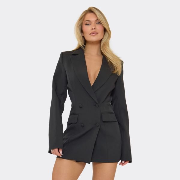 EGO Tailored Plunge Cinched Waist Blazer Dress In Black, Women's Size UK 6 - 1