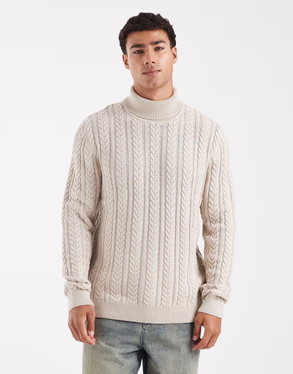 ASOS Jack & Jones premium cable knit roll neck jumper in beige