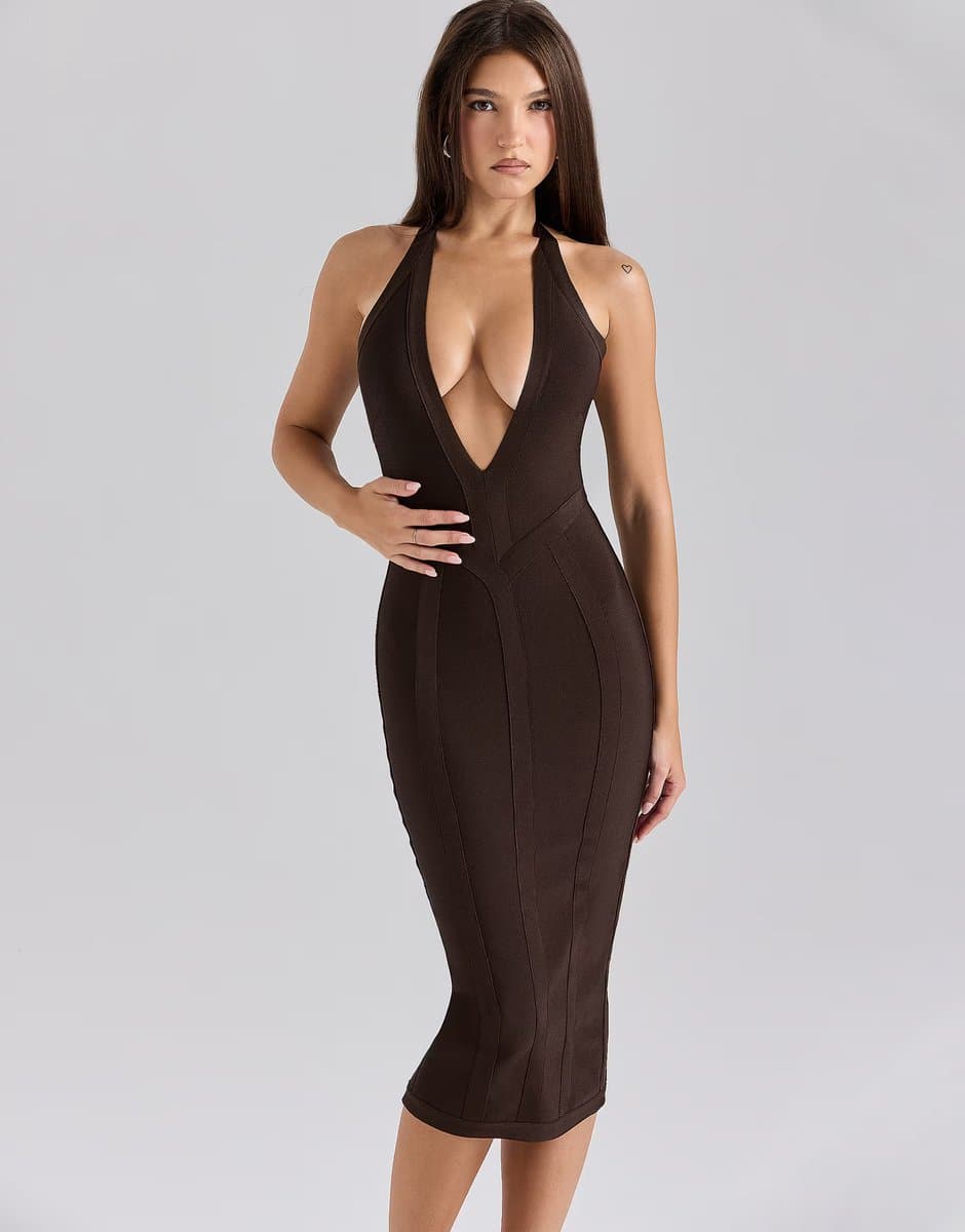 ASOS House of CB the birthday midi bandage dress in chocolat