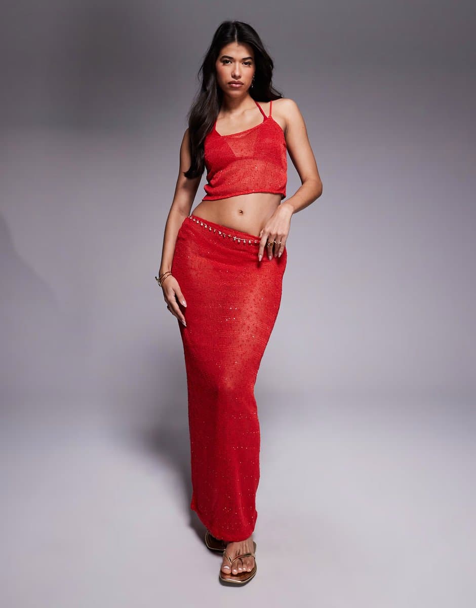 ASOS South Beach knitted sequin maxi skirt in red