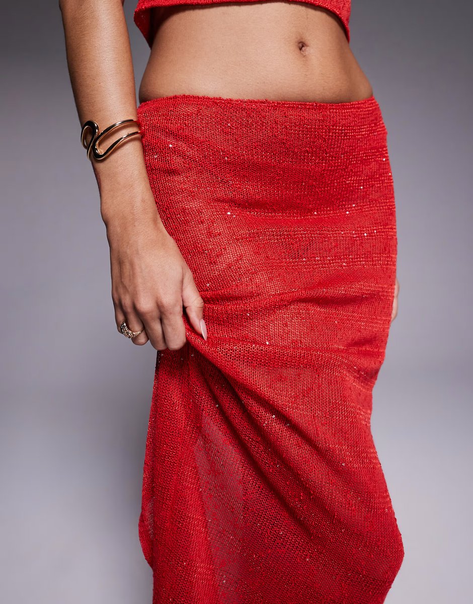 ASOS South Beach knitted sequin maxi skirt in red - 2