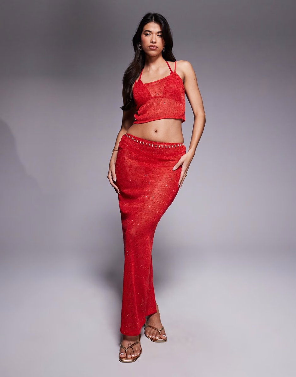 ASOS South Beach knitted sequin maxi skirt in red - 3