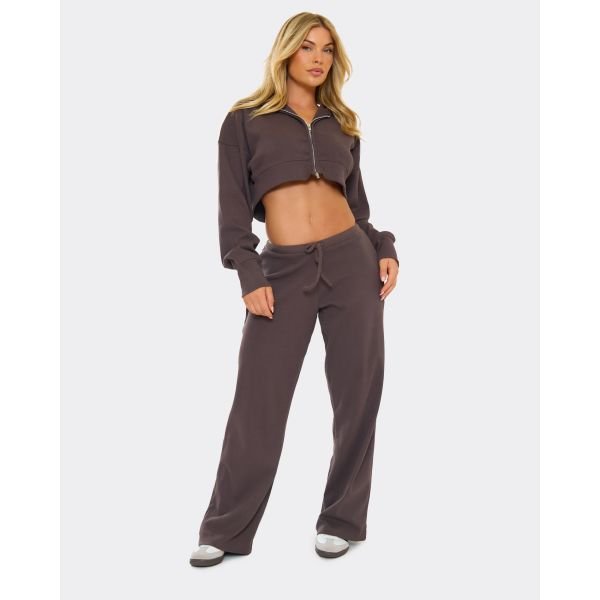 EGO Elastic Waist Straight Leg Joggers In Chocolate Brown Rib, Women's Size UK 4 - 2