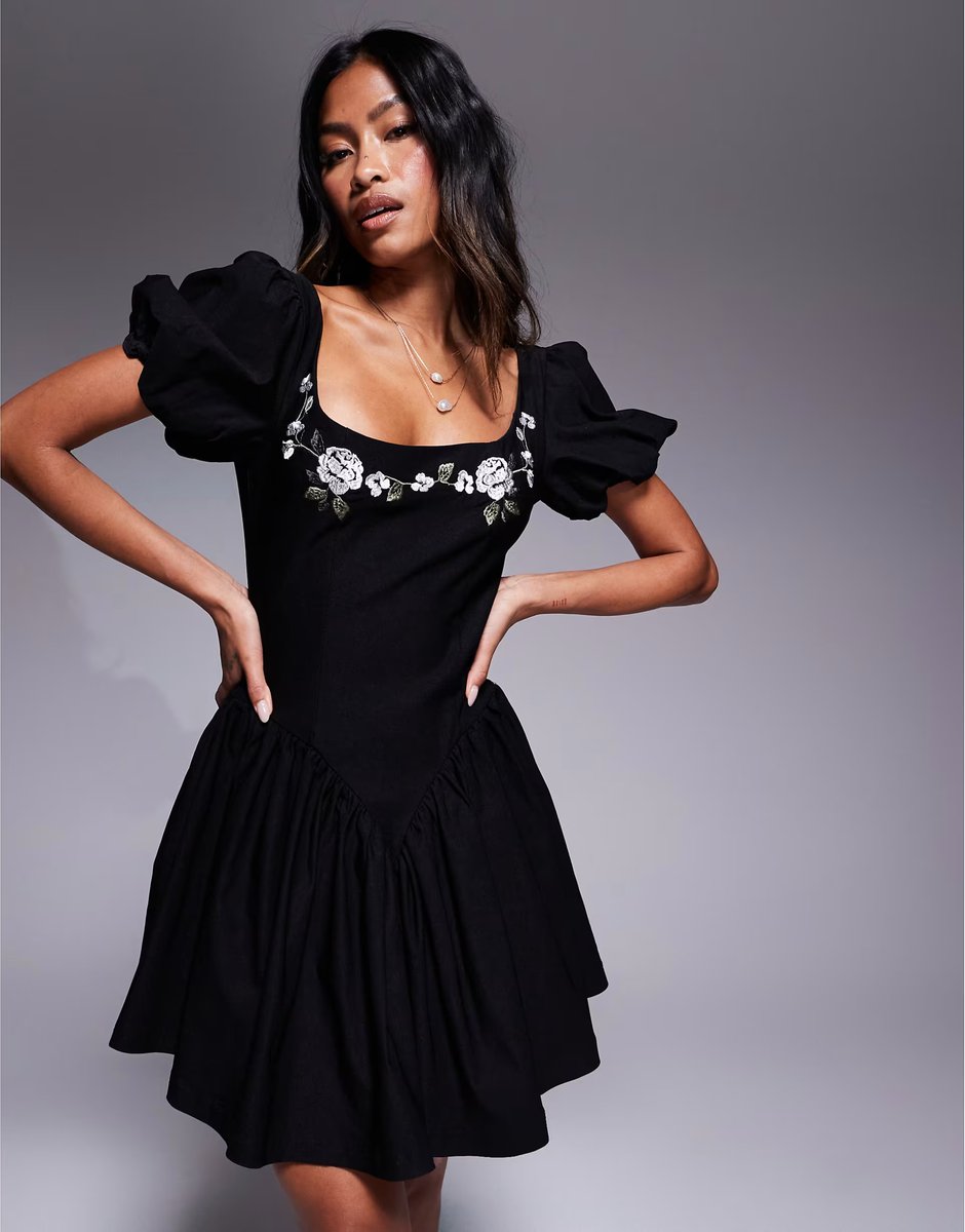 ASOS Love Triangle puff sleeve embroidered mini dress with open back in black - 4