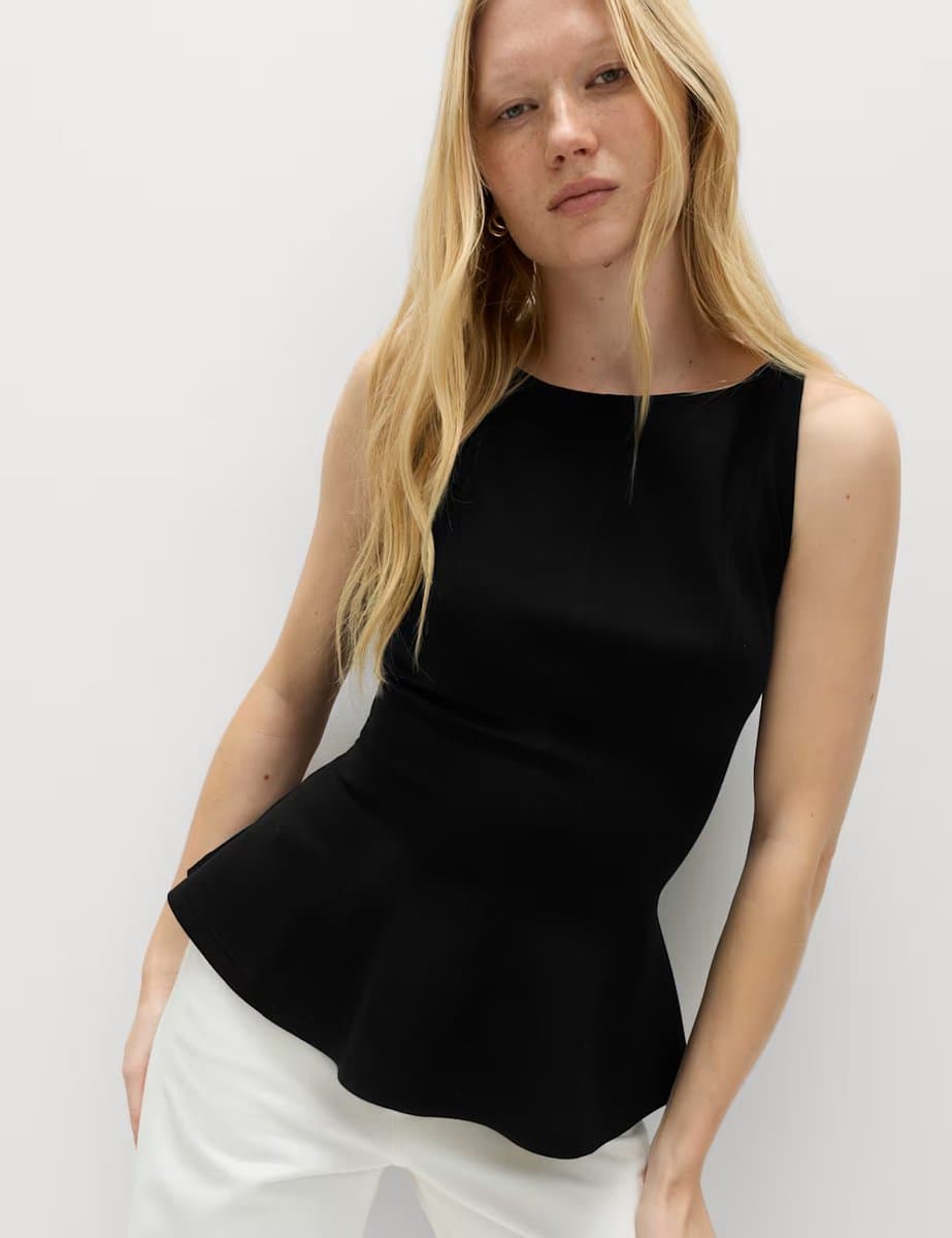 Marks & Spencer M&S Slash Neck Sleeveless Peplum Top in Black