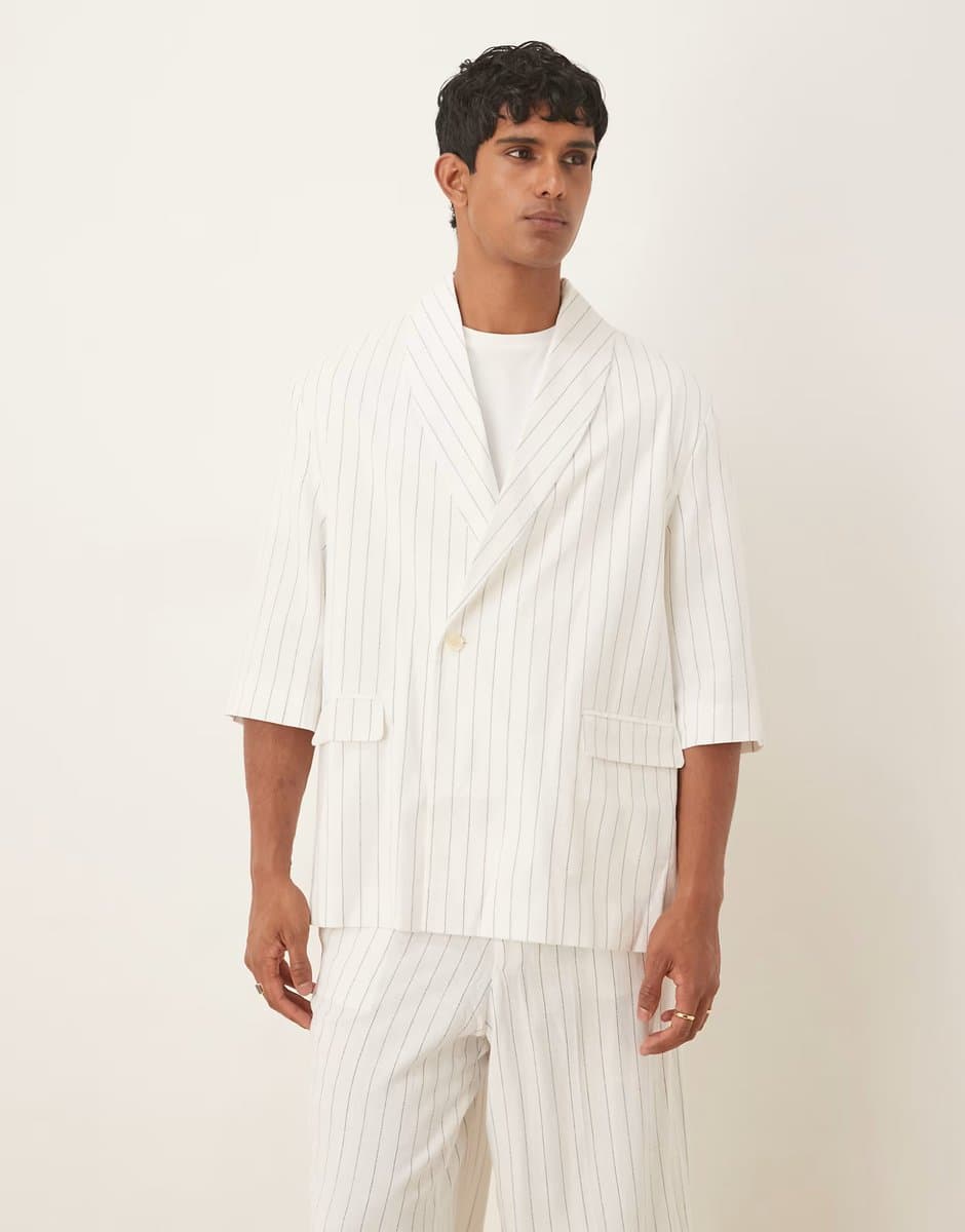ASOS ASOS DESIGN linen mix slouchy oversized suit jacket in white pinstripe