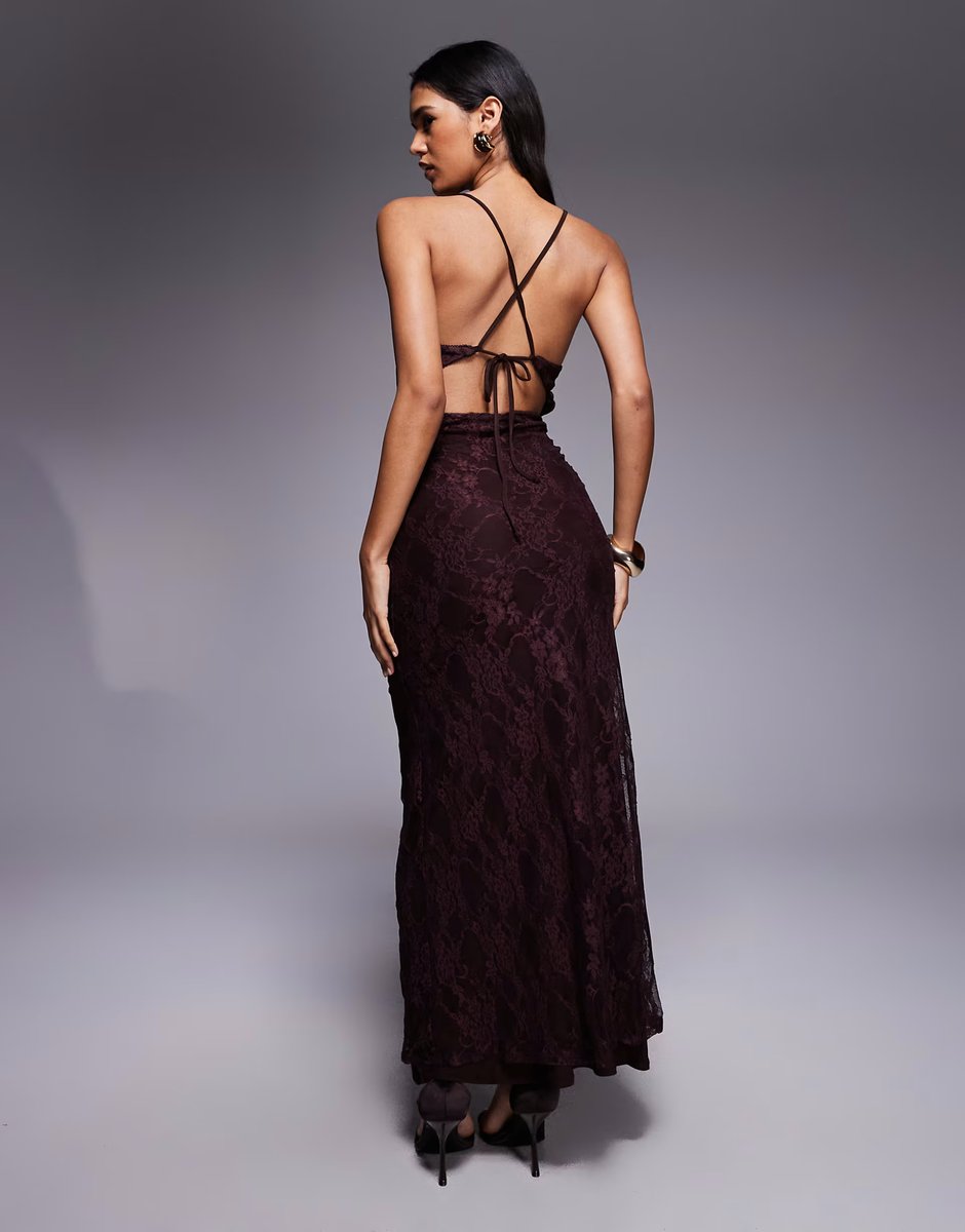 ASOS ASOS DESIGN lace square neck cami maxi dress with tie back in chocolate - 4