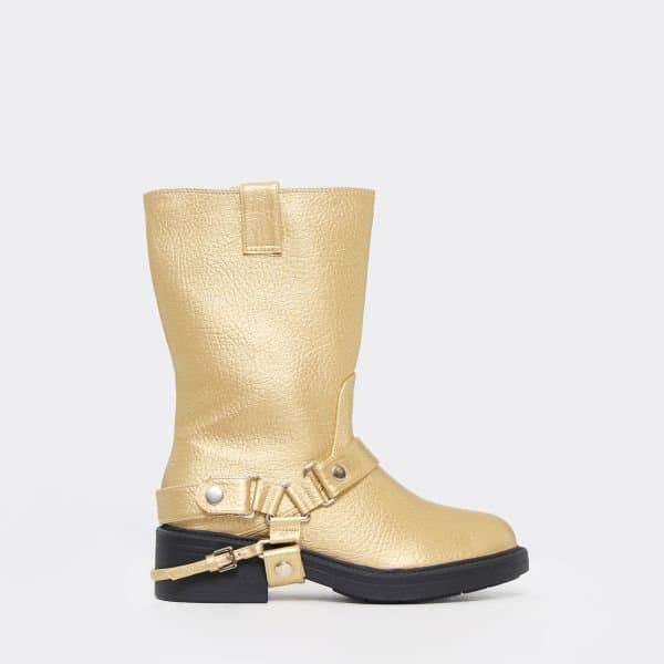 EGO Locked In Side Buckle Detail Ankle Boot In Gold Faux Leather, Women's Size UK 3