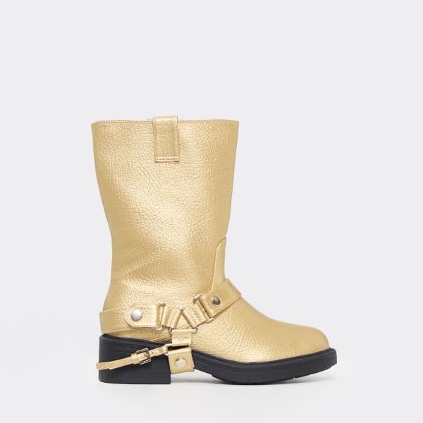 EGO Locked In Side Buckle Detail Ankle Boot In Gold Faux Leather, Women's Size UK 3 - 1