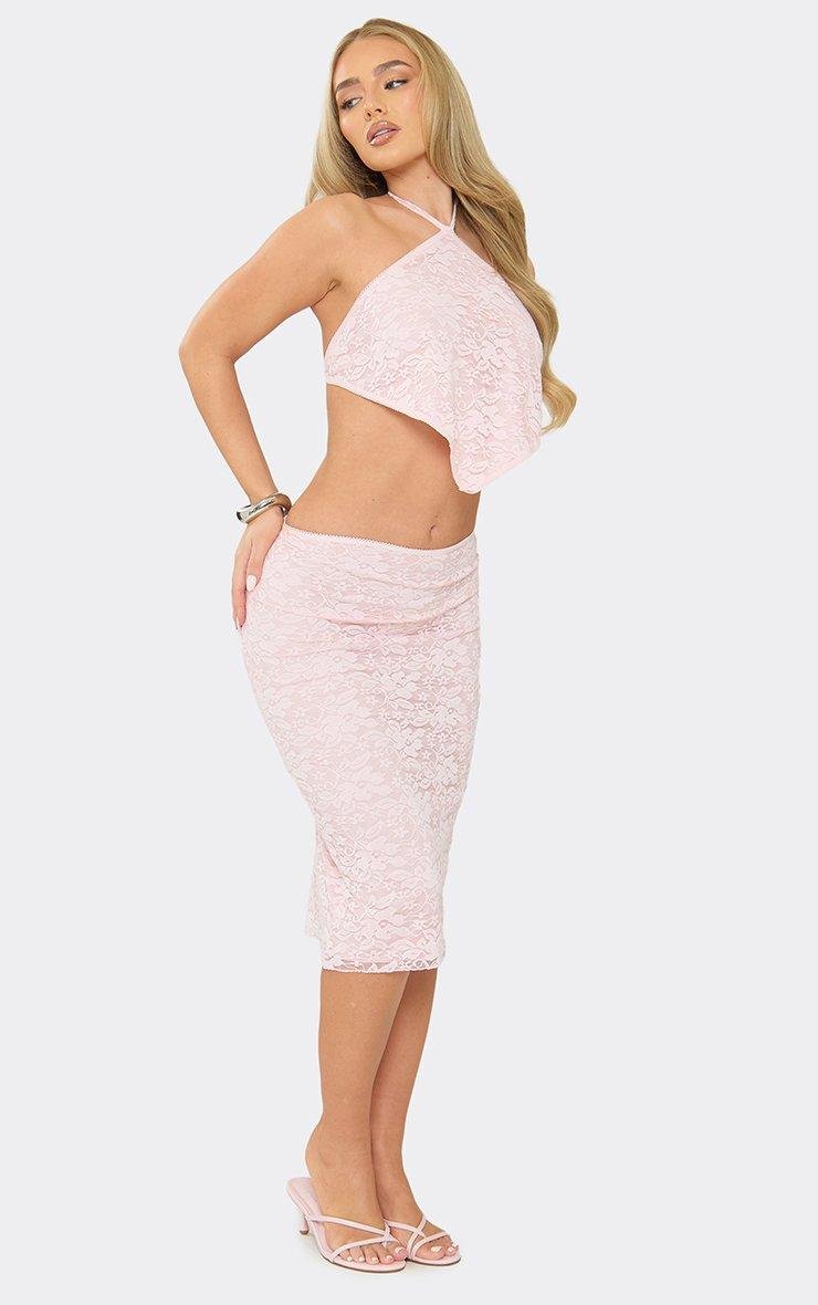 EGO Halterneck Open Back Pointed Hem Crop Top In Pink Lace, Women's Size UK 6 - 2