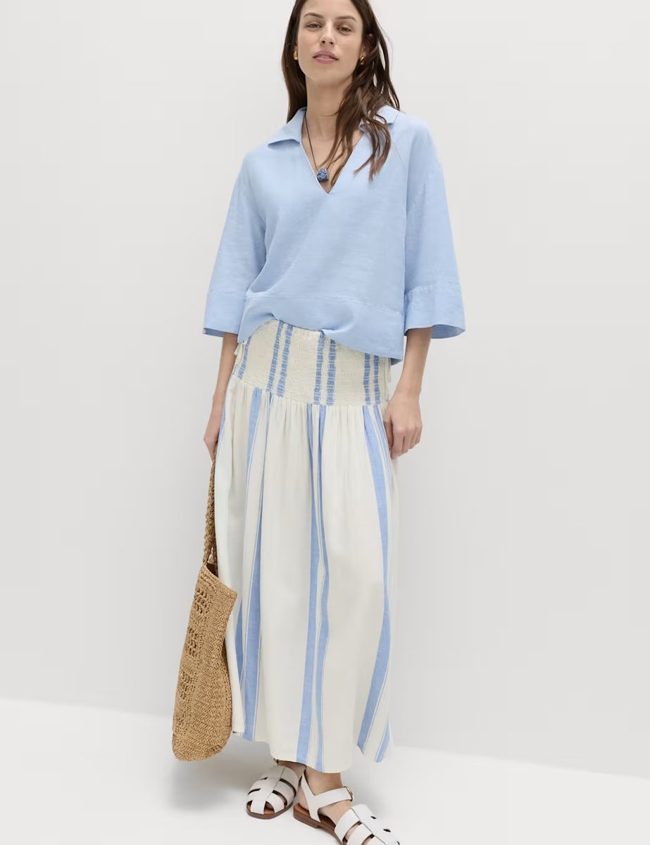 Marks & Spencer M&S Linen Rich Shirred Tie Detail Maxi Skirt Blue Mix - 1