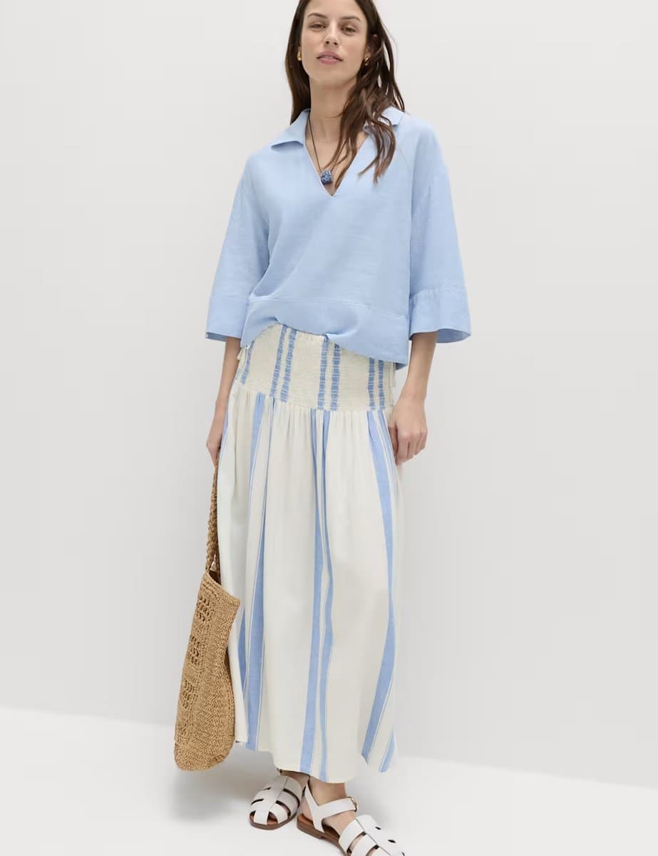 Marks & Spencer M&S Linen Rich Shirred Tie Detail Maxi Skirt Blue Mix