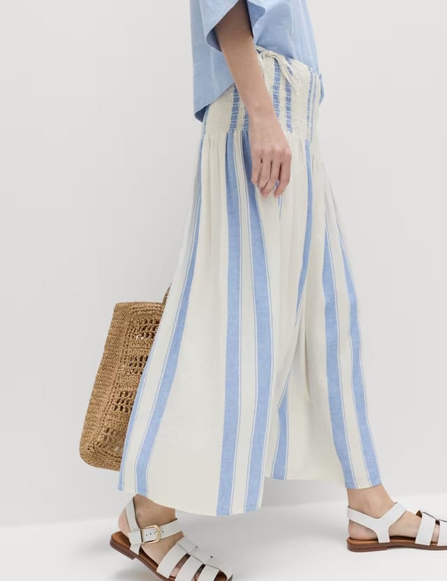 Marks & Spencer M&S Linen Rich Shirred Tie Detail Maxi Skirt Blue Mix - 2