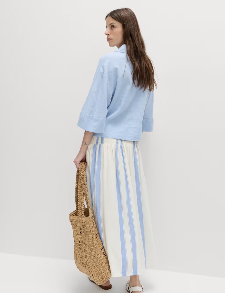 Marks & Spencer M&S Linen Rich Shirred Tie Detail Maxi Skirt Blue Mix - 3