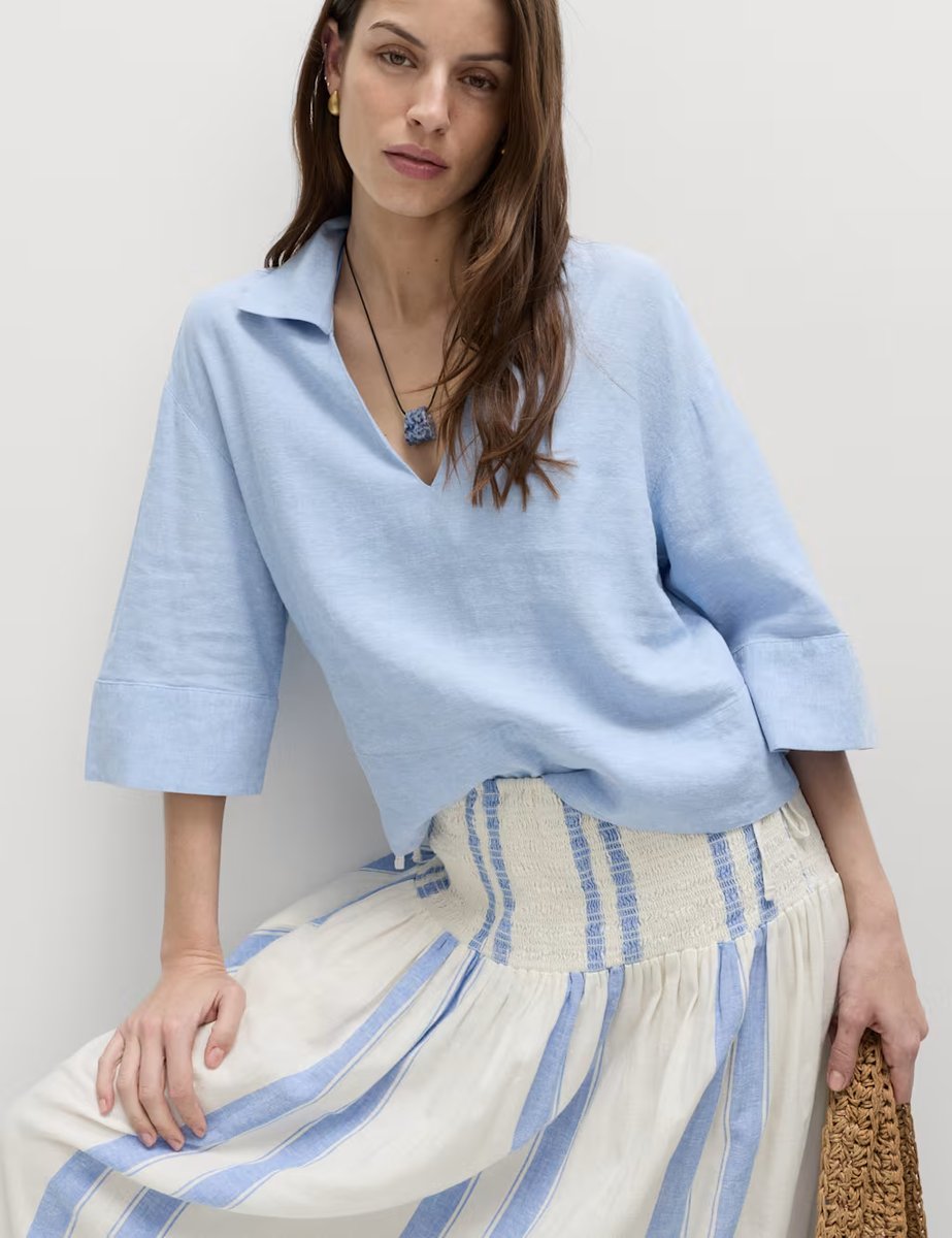 Marks & Spencer M&S Linen Rich Shirred Tie Detail Maxi Skirt Blue Mix - 4