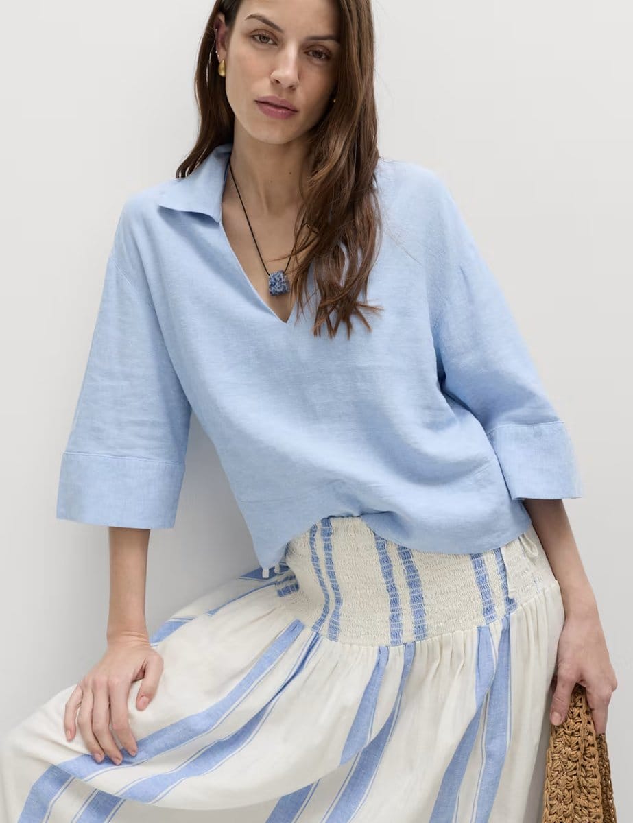 Marks & Spencer M&S Linen Rich Shirred Tie Detail Maxi Skirt Blue Mix - 4