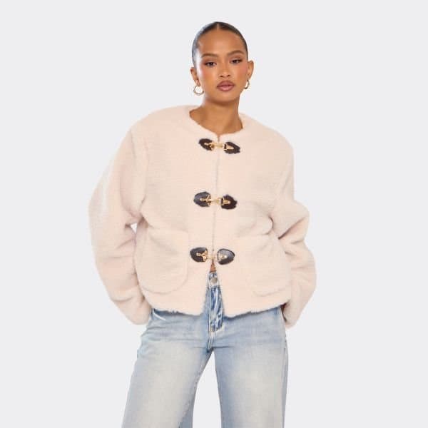 EGO Long Sleeve Buckle Front Detail Jacket In Cream Borg, Women's Size UK Large L