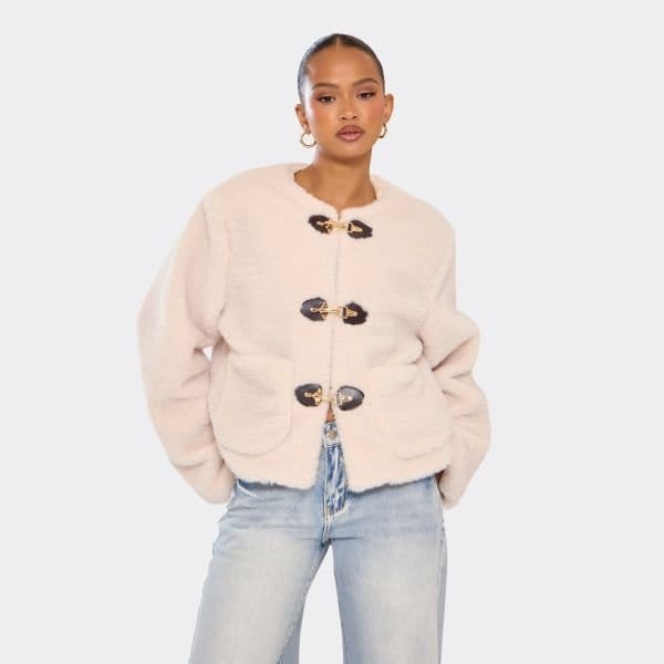 EGO Long Sleeve Buckle Front Detail Jacket In Cream Borg, Women's Size UK Large L - 1