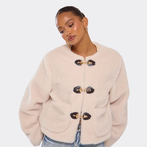 EGO Long Sleeve Buckle Front Detail Jacket In Cream Borg, Women's Size UK Large L - 2