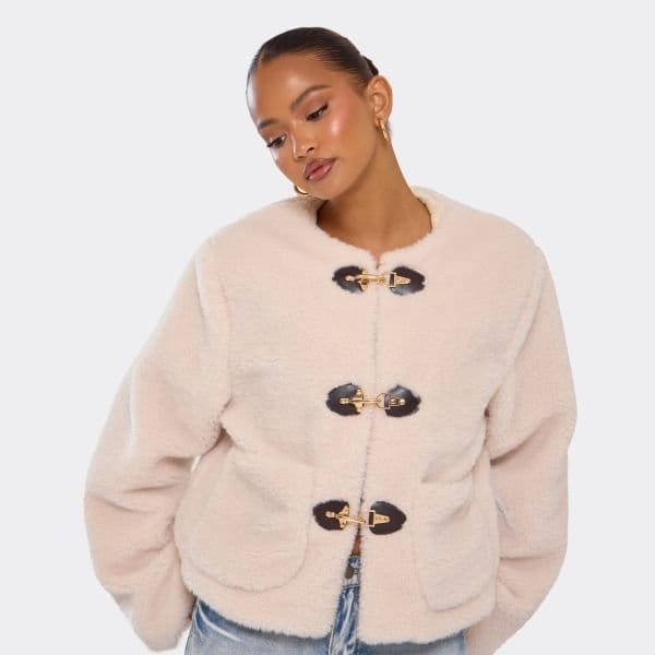 EGO Long Sleeve Buckle Front Detail Jacket In Cream Borg, Women's Size UK Large L - 2