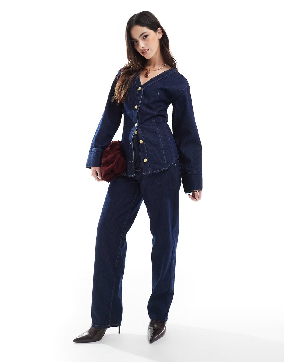 ASOS ASOS DESIGN collarless v neck denim shirt in rinse co-ord - 4