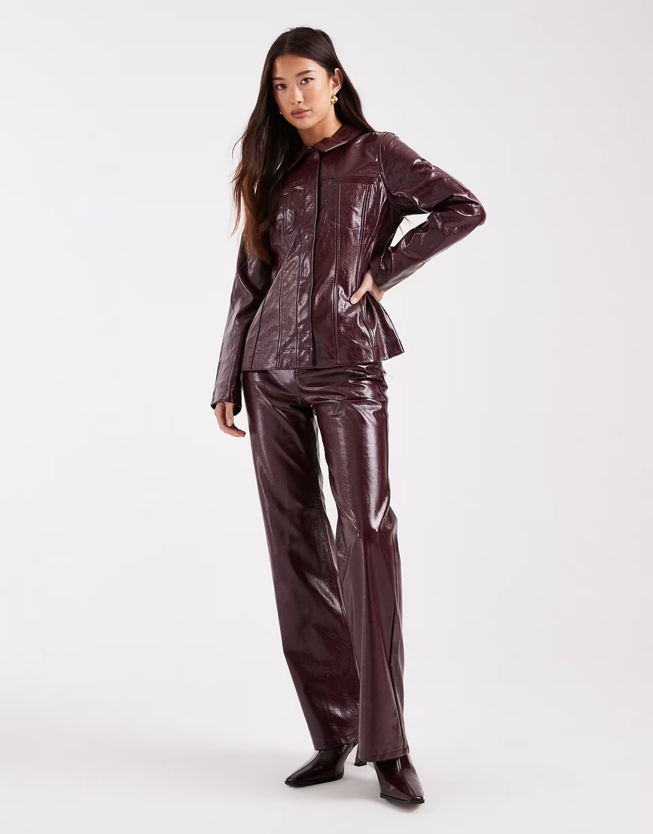 ASOS Vero Moda cinched waist vinyl jacket and high waist trouser set in burgundy - 1