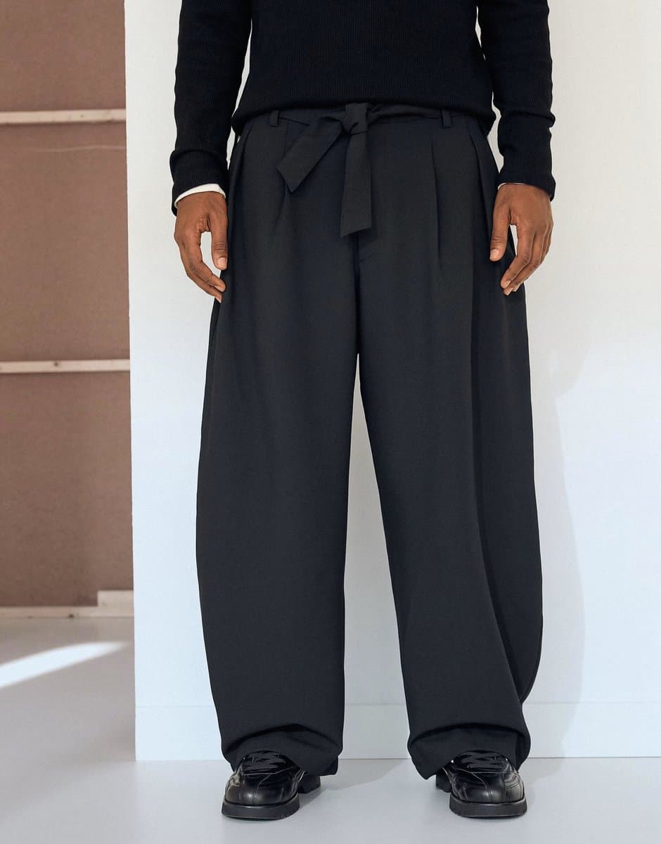 ASOS Bershka Barrel-leg tailored fit trousers with belt in black