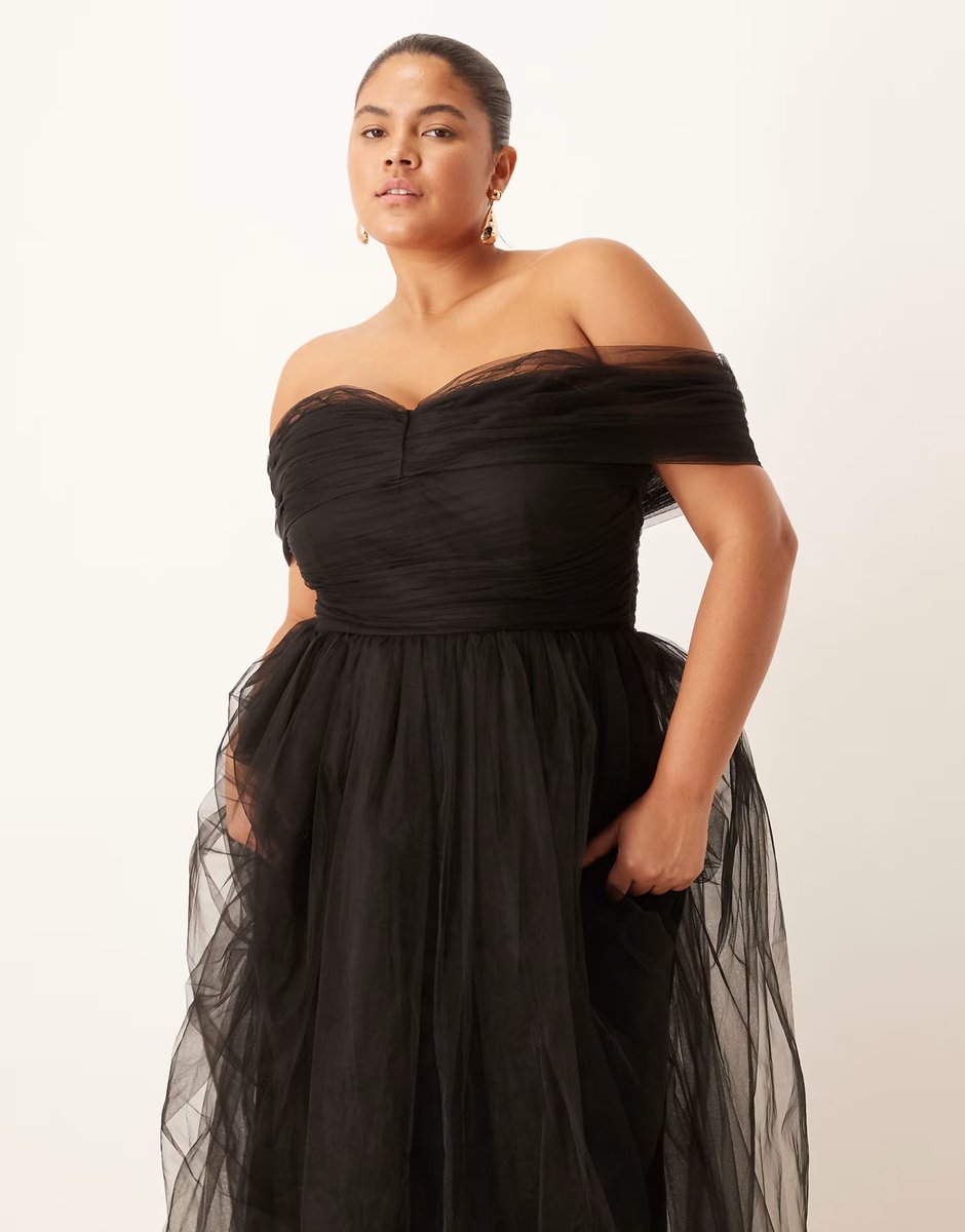 ASOS Lace & Beads Plus bow fallen shoulder maxi tulle dress in black - 3