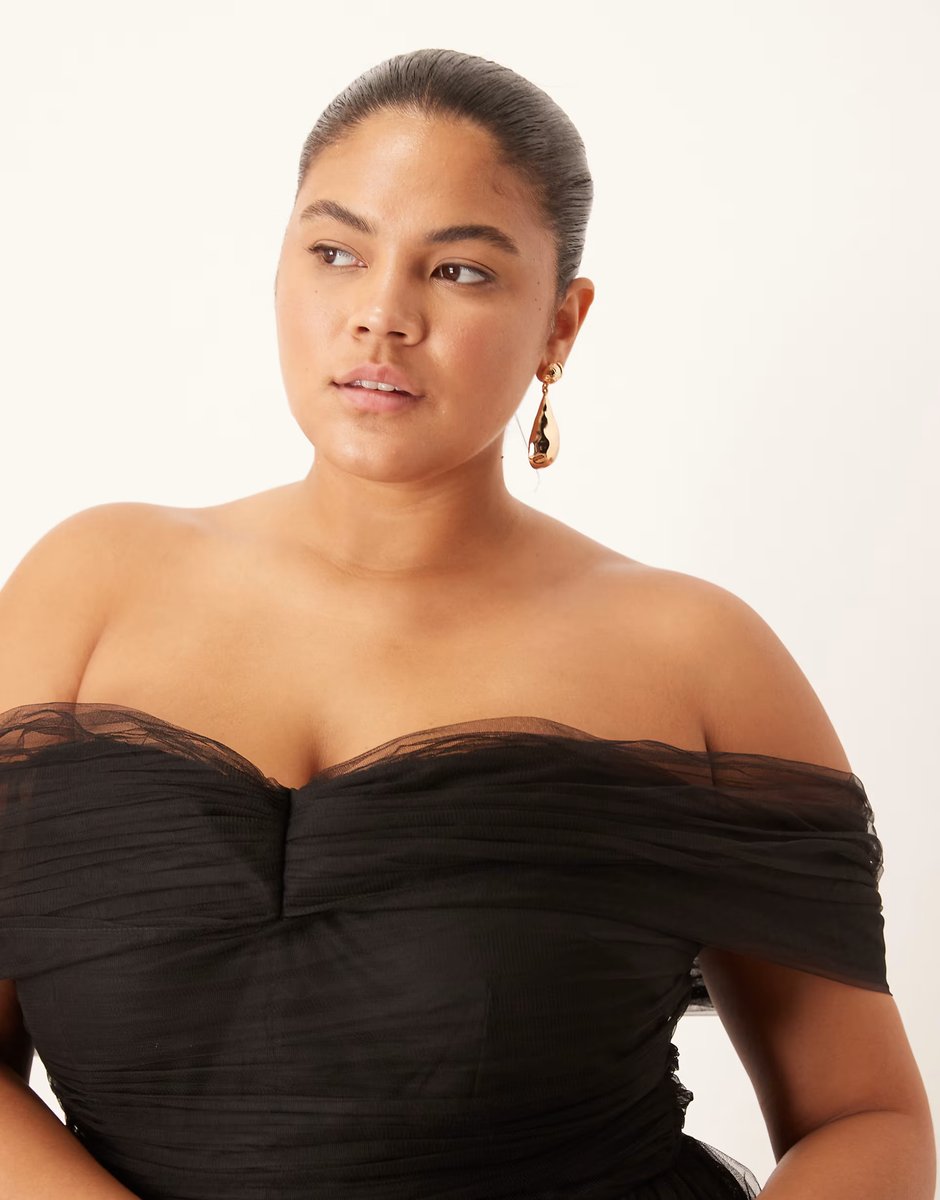 ASOS Lace & Beads Plus bow fallen shoulder maxi tulle dress in black - 4