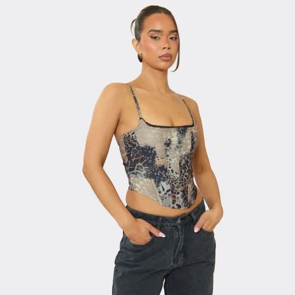 EGO Strappy Lace Trim Corset Top In Multi Animal Print, Women's Size UK 6