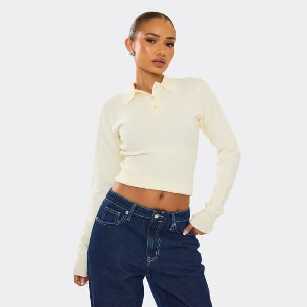 EGO EGO Cream Long Sleeve Collared Button Down Cinched Waist Jumper