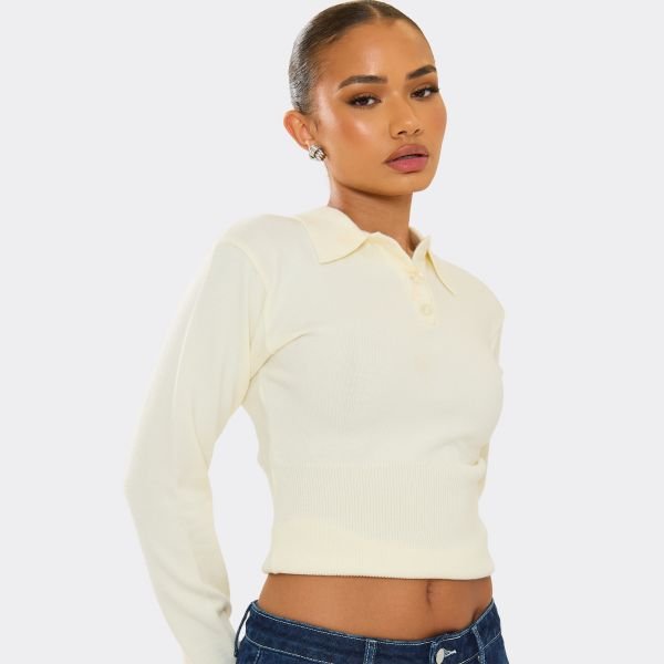 EGO Long Sleeve Collared Button Down Cinched Waist Top In Cream Knit, Women's Size UK Large L - 2
