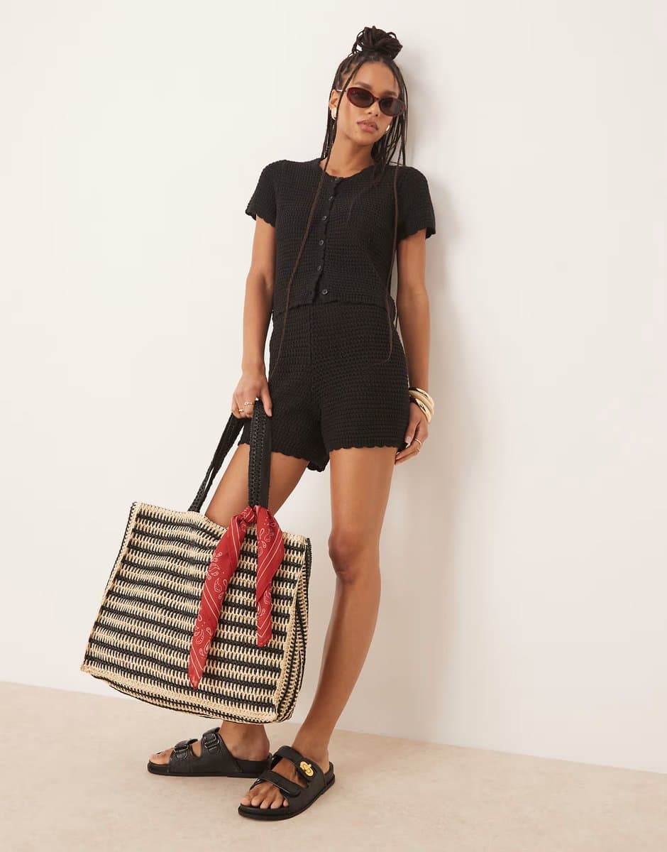 ASOS Gina Tricot co-ord knitted crochet shorts in black