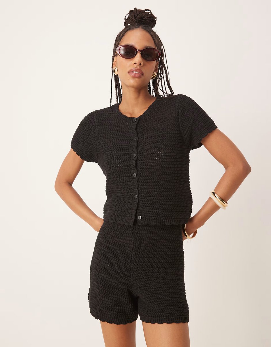 ASOS Gina Tricot co-ord knitted crochet shorts in black - 3