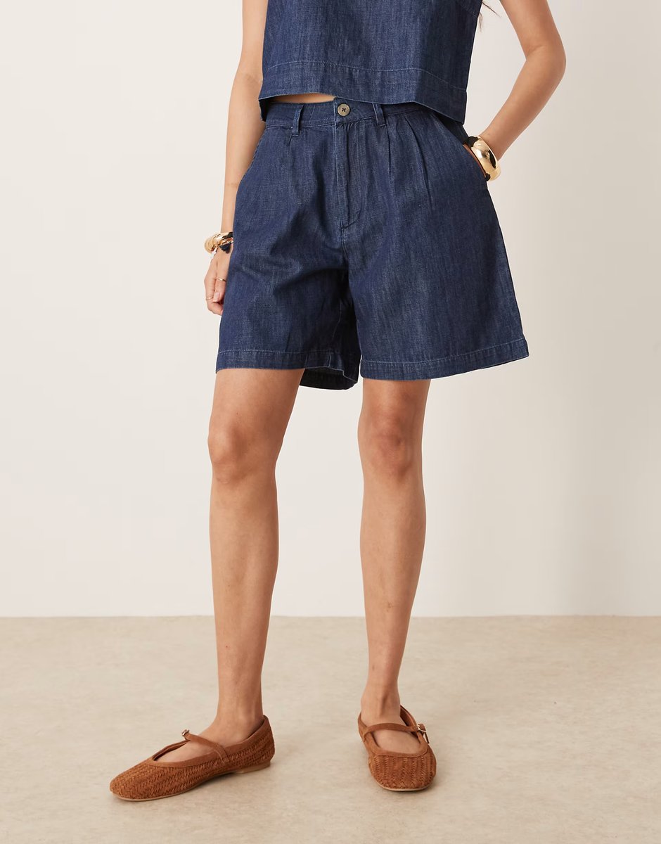 ASOS Mango cotton tailored longline denim short co-ord with dart detailing in indigo - 3