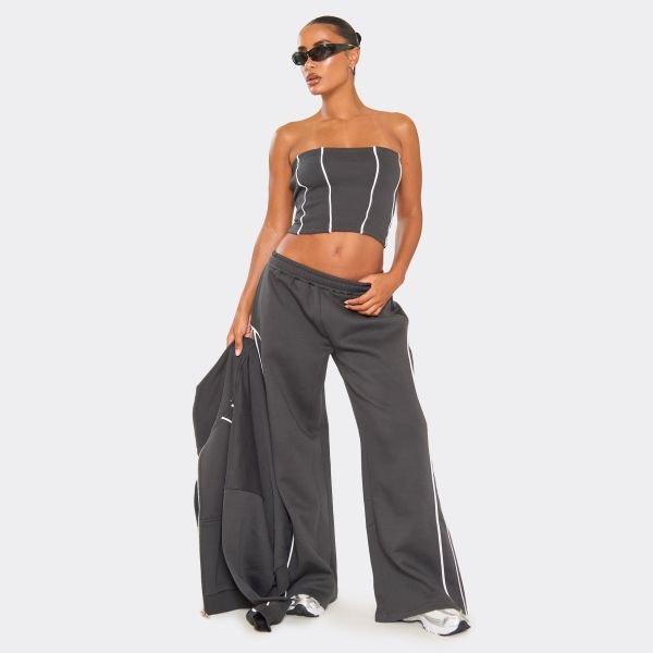 EGO Bandeau Contrast Piping Detail Sweat Top In Dark Navy Blue, Women's Size UK 6 - 2