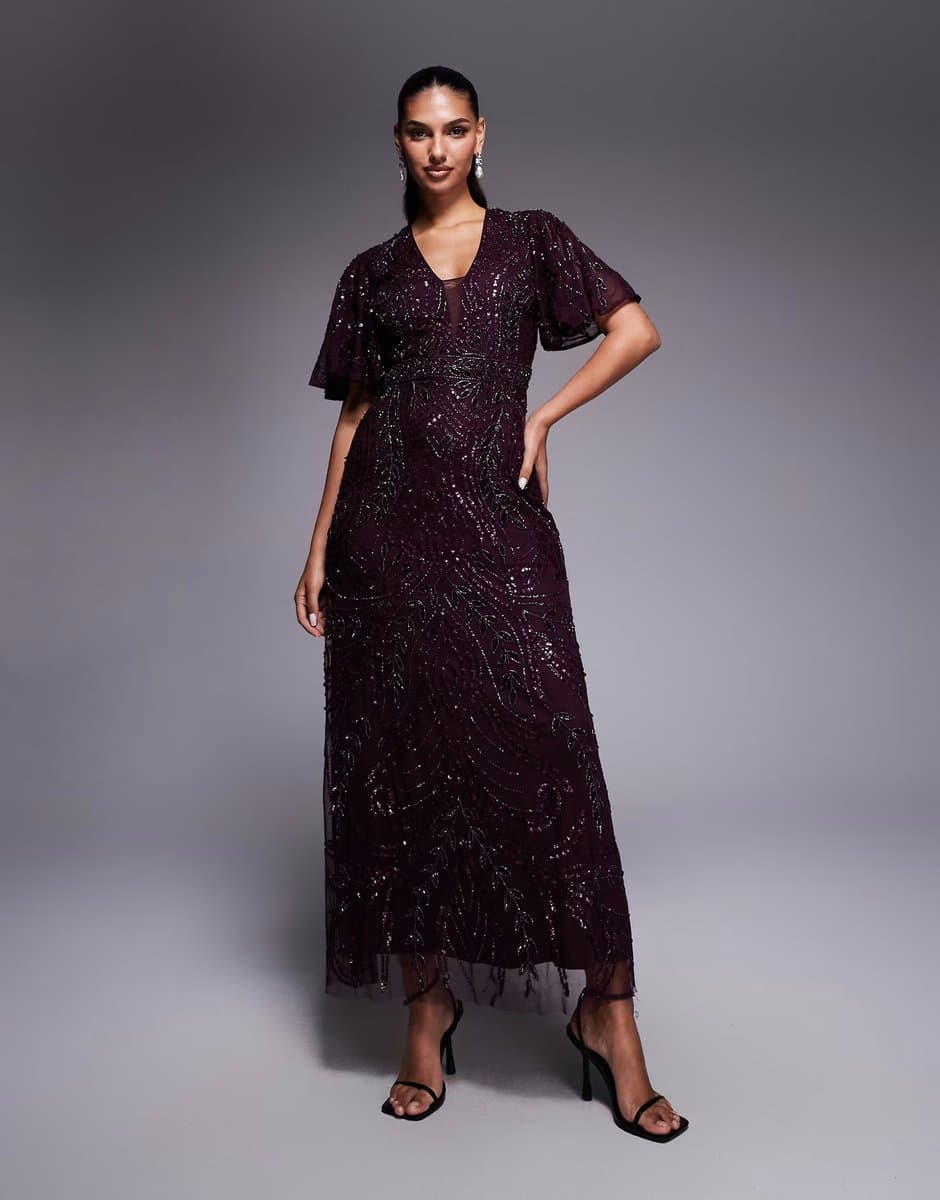 ASOS Beauut fully embellished beaded mech v neck flutter sleeve maxi dress in burgundy
