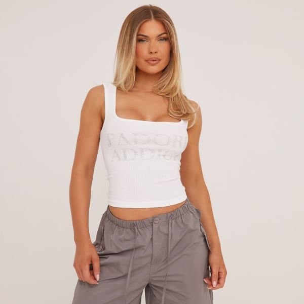 EGO Square Neck Diamante J'Adore Addict Slogan Vest Top In White Rib, Women's Size UK 14