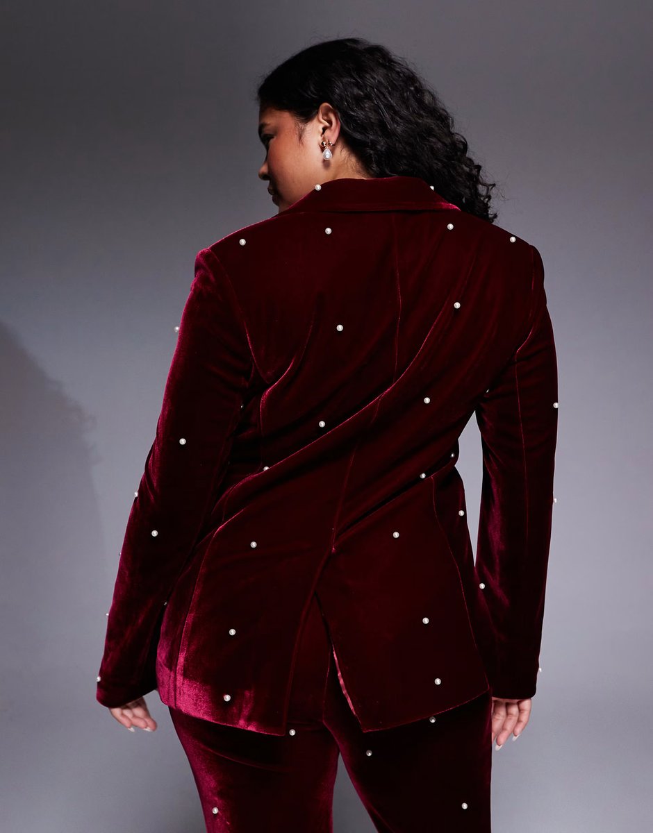 ASOS ASOS LUXE Curve co-ord pearl embellished velvet blazer in burgundy - 3