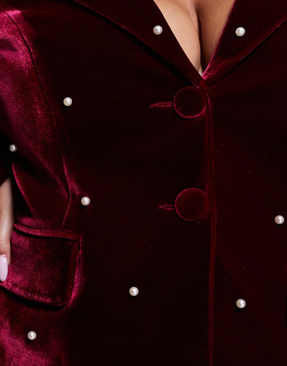 ASOS ASOS LUXE Curve co-ord pearl embellished velvet blazer in burgundy - 4
