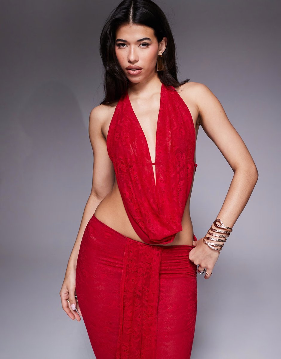 ASOS Murci exclusive mesh cowl neck open back top and maxi skirt co-ord in red - 2