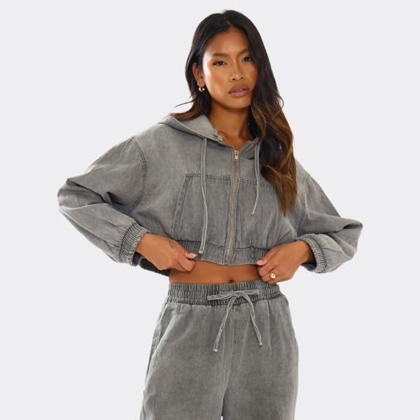EGO Long Sleeve Zip Up Front Detail Hoodie In Washed Grey Denim, Women's Size UK Large L - 1