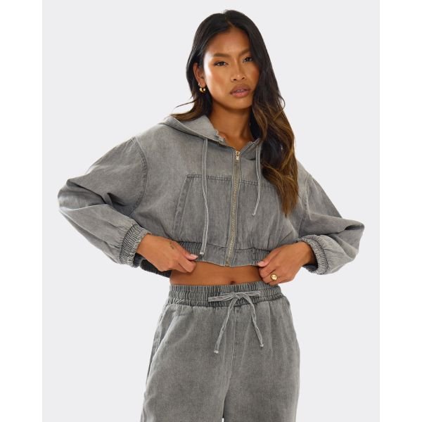 EGO Long Sleeve Zip Up Front Detail Hoodie In Washed Grey Denim, Women's Size UK Large L - 2